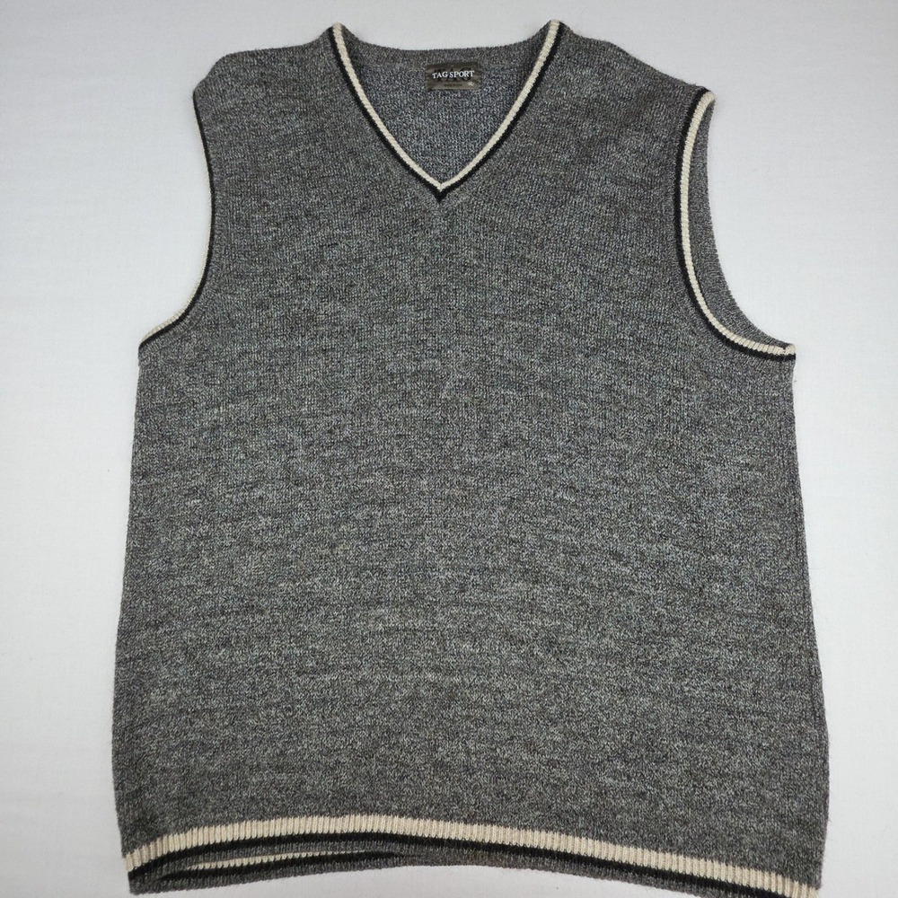 VTG TAG Sport Alpaca Wool USA Sweater Vest Mens XL Gray Striped Trim V-Neck